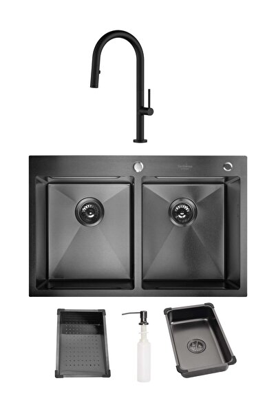 SanDonna Chiuveta de bucatarie handmade HD 7850 DR cu 2 cuve, tavite si dispenser de sapun