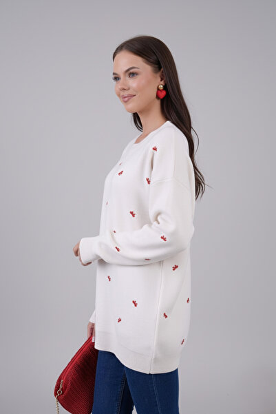 hayal giyim Elegant Bow Embroidered Knit Sweater - White