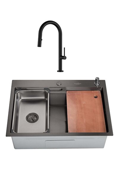 SanDonna SET Chiuveta HD7050 negru din inox handmade cu dozator de sapun, tavita de scurgere si toca