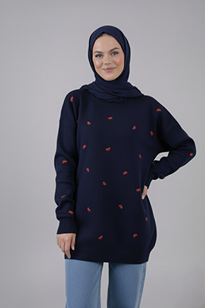hayal giyim Elegant Bow Embroidered Knitwear Sweater - Navy Blue