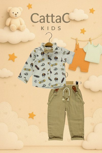 Cattac Kids CattacKids | Erkek Bebek Kaykay Desenli Gömlek ve Gri Pantolon Takımı (6-24 Ay)