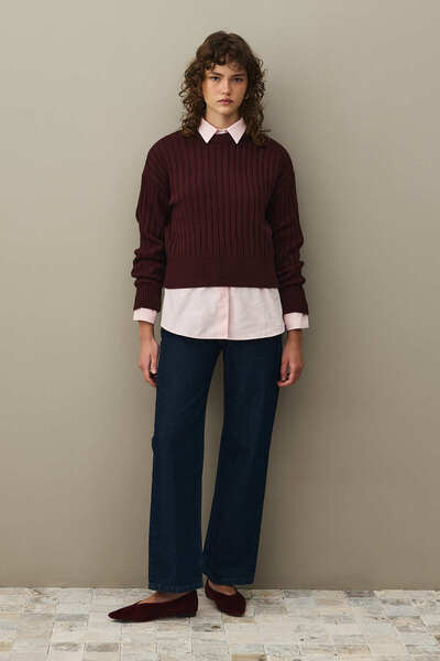 Fahhar Ribbed Basic Crop Sweater Burgundy