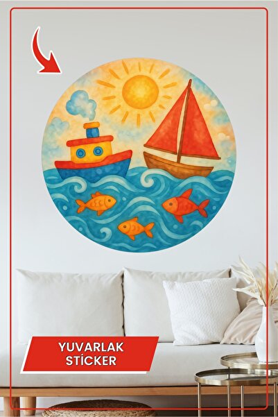 KOSS Dijital Цветен кръгъл стикер с кораб, слънчево море и риби, щастливо при...