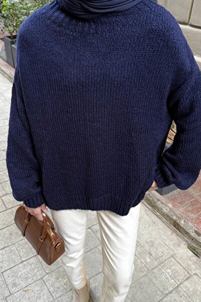 lamelif Πουλόβερ με ψηλό γιακά μπλε ναυτικό