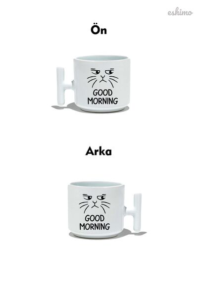 Eshimo Good Morning Written Porcelain Mug with Cat Figure and Handle