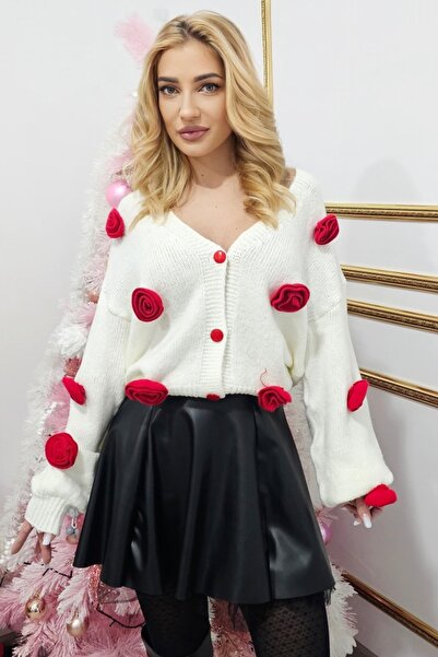 FashionForYou Rowan short cardigan, with buttons and non-detachable knitted roses, White