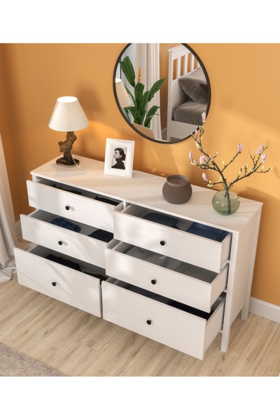 Sakura Ahşap Hunerika Elarin 6 Çekmeceli şifonyer -Wood Beyaz-Minifiks Bağlantılı