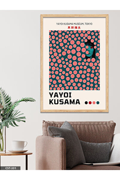 CeSht Yayoi Kusama Pembe Benekli Portre Tek Parça Ahşap Çerçeveli Tablo