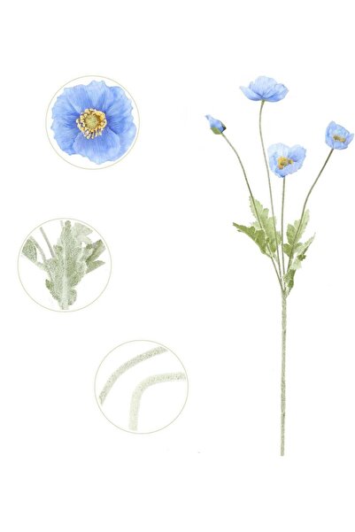 Nettenevime Yapay Çiçek Gelincik Çiçeği Mavi Açık Renk 3 Çiçek 1 Tomurcuk 59Cm