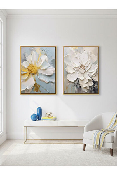 Linacci 2li Gold Metal Çerçeve Mavi Beyaz Çiçek Camlı Tablo Seti