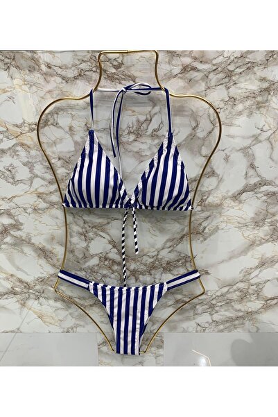 VAJESTO Kadın Likralı Esnek Altı Brazillan Boyundan Bağlamalı Şık İpli Üçgen Bikini Takım