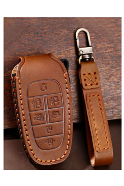 Generic Handmade Genuine Leather Car Key Cover Compatible with Hyundai - Brown