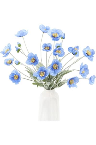 Nettenevime Yapay Çiçek Gelincik Çiçeği Mavi Açık Renk 3 Çiçek 1 Tomurcuk 59Cm