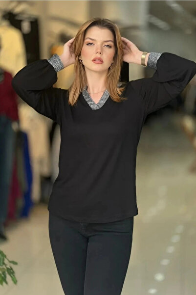 aytemas Glittery Blouse with Collar and Sleeves