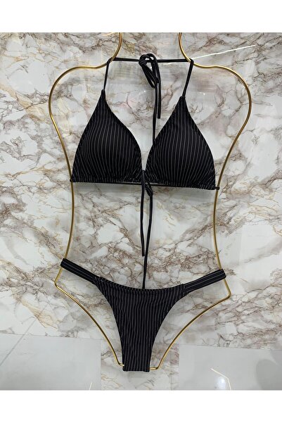 VAJESTO Kadın Likralı Esnek Altı Brazillan Boyundan Bağlamalı Şık İpli Üçgen Bikini Takım