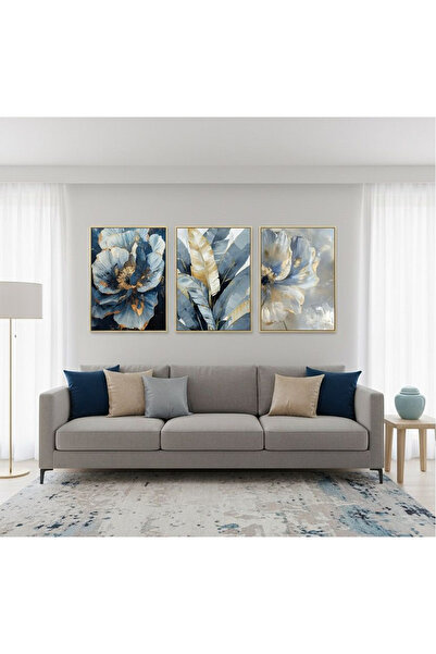 Linacci Üçlü Gold Metal Çerçeve Mavi Çiçek Yaprak Cam Tablo Seti