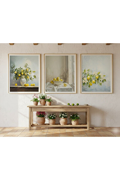 Linacci Üçlü Gold Metal Çerçeve Sarı Limon Poster Cam Tablo Seti