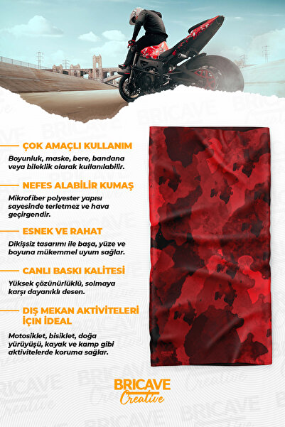 Bricave Kırmızı Siyah Lekeli Desenli Motosiklet Bandana Boyunluk Maske