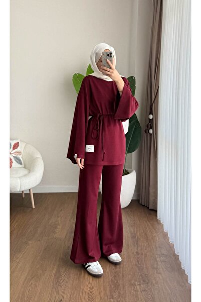 RFK Butik طقم نسائي مكون من قطعتين بتصميم بنطلون واسع الساق على الطراز الإسباني - لون عنابي