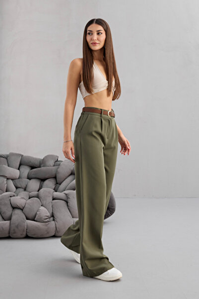 BİKELİFE Kadın Yüksek Bel Kemer Detaylı Beli Lastikli Salaş Palazzo Kumaş Pantolon