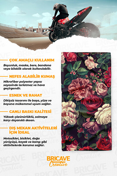 Bricave Gül Bahçesi Desenli Motosiklet Bandana Boyunluk Maske