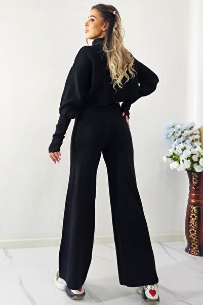 FashionForYou Πλεκτό σετ δύο τεμαχίων COMFY, με μεγάλη μπλούζα και ψηλό γιακά, Μαύρο, Μέγεθος S/M/L