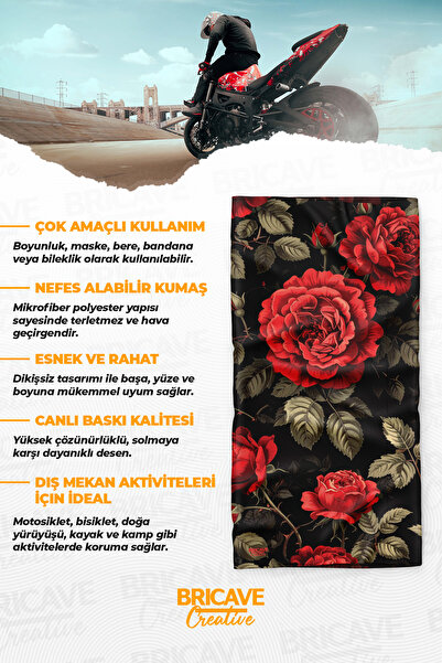 Bricave Retro Büyük Gül Desenli Motosiklet Bandana Boyunluk Maske