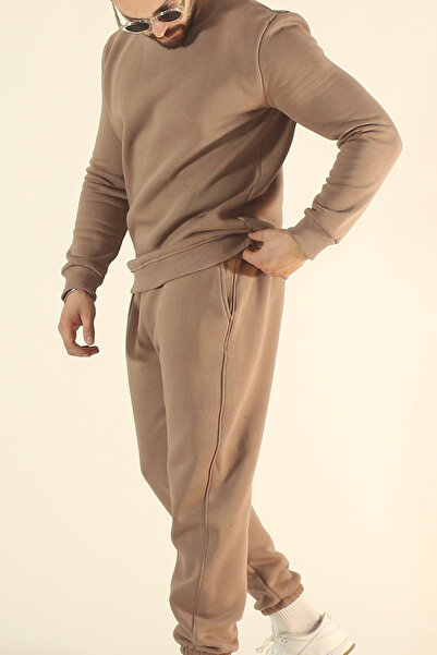 EydaMoon Men's Brown Winter Fleece-Lined Soft Textured Crew Neck Tracksuit Set