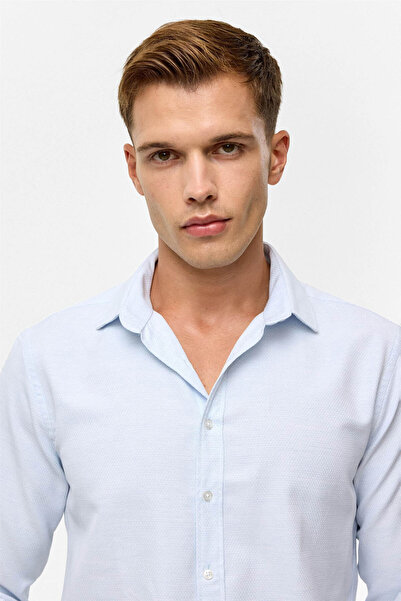 SÜVARİ Slim Patterned Classic Collar Blue Men's Shirt Gm2025500488