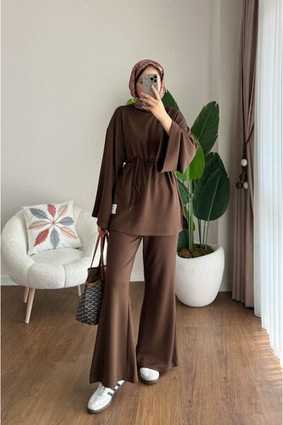 RFK Butik طقم نسائي مكون من قطعتين بتصميم بنطلون واسع الساق على الطراز الإسباني - بني