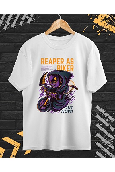 OEM - Men's T-shirt with Print, Reaper as Biker, Cotton, White, S INTL