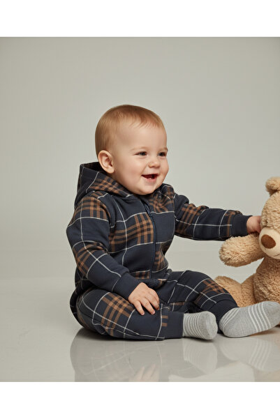 ELEFİN BABY Plaid Erkek Bebek Tulum Koyu Gri