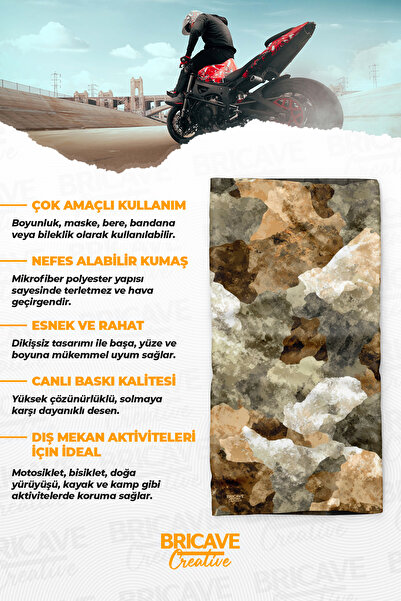 Bricave Bej Kaya Kamuflaj Desenli Motosiklet Bandana Boyunluk Maske