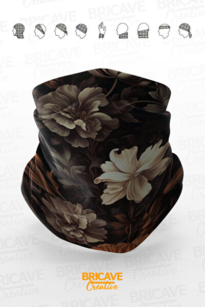 Bricave Vintage Kahverengi Çiçek Desenli Motosiklet Bandana Boyunluk Maske