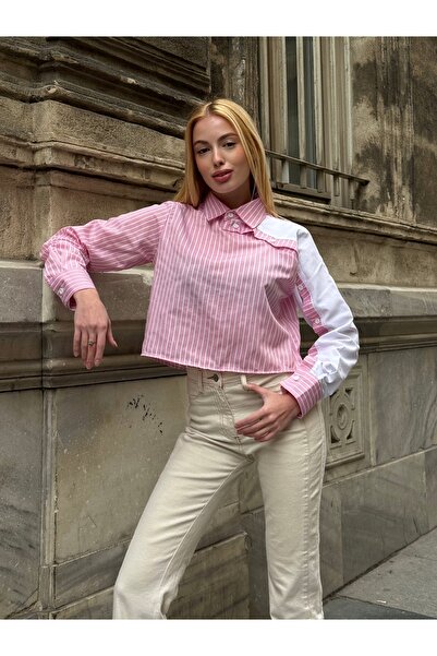 MAMAYAGA Women's Special Design Collar, Buttoned on the Sleeves, Striped Garnished Crop Top Blouse Suitable for Hijab