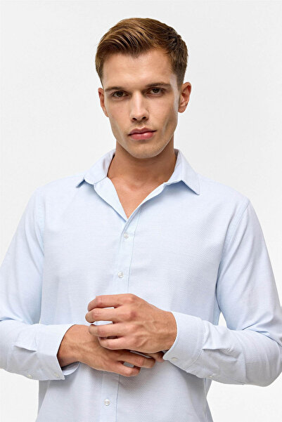 SÜVARİ Slim Patterned Classic Collar Blue Men's Shirt Gm2025500488