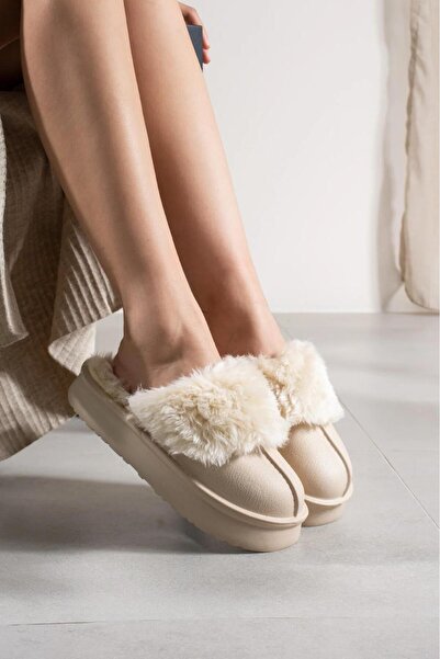 Best Cover Kadın Bej Çıkarılabilir Peluşlu Rahat Taban Kaymaz Sıcak Tutarlı Günlük Kışlık Terlik