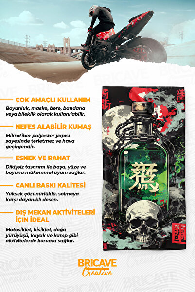Bricave Zehir Şişesi İllüstrasyonlu Asya Temalı Motosiklet Bandana Boyunluk Maske