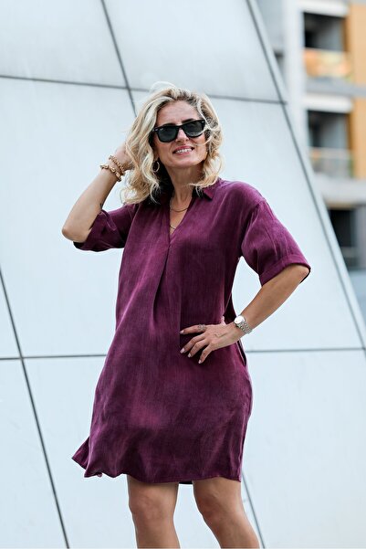 Lady Didi Fashion KADIN BORDO TENSEL KUMAŞ KISA DÖKÜMLÜ ELBİSE