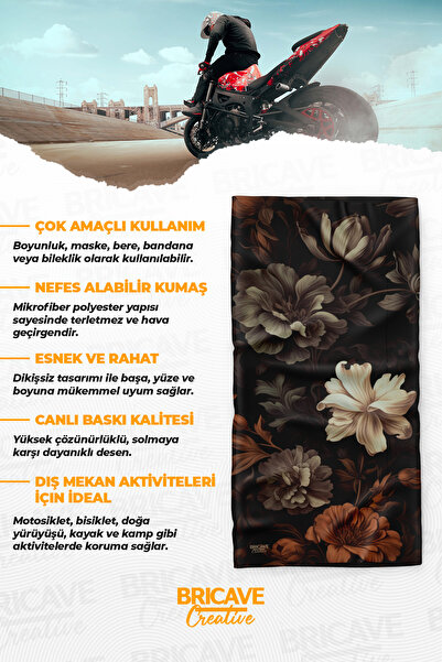 Bricave Vintage Kahverengi Çiçek Desenli Motosiklet Bandana Boyunluk Maske