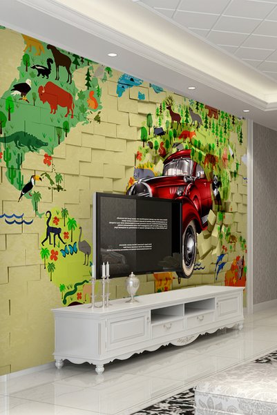 poster marketi Dünya Haritalı 3D Araba Çocuk Odası Duvar Kağıdı