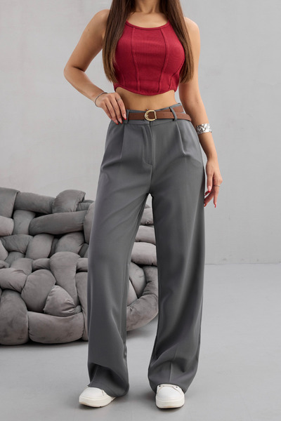 BİKELİFE Women's High Waist Belt Detailed Elastic Waist Loose Palazzo Fabric Trousers