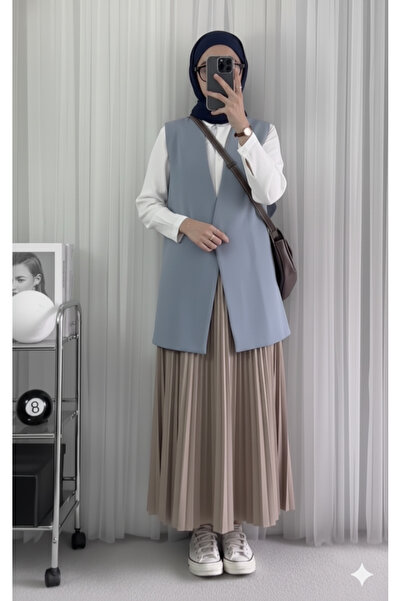 Blue Morpho Leather Look Elastic Waist Long Pleated Skirt