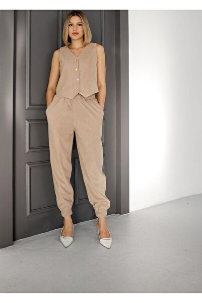 EsSo butik Women's Corduroy Pocketed Elastic Waist Jogger Pants