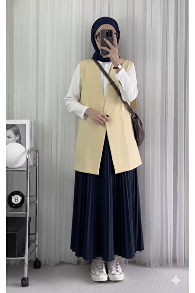 Blue Morpho Leather Look Elastic Waist Long Pleated Skirt