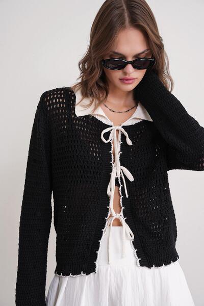 Trendiz Kadın Ajurlu Bağlamalı Triko Hırka Siyah 6945