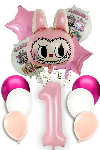 PARTİAVM مجموعة عيد ميلاد لابوبو بعمر سنة واحدة ذات طابع بالونات، بالون طائر على شكل رقم وردي، بالون ماكارون باللونين الوردي والأبيض