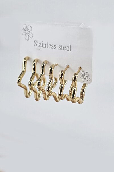 By Zeyna Aksesuar Women's 316 L Stainless Steel Anti Allergenic 3 Sizes 6-Piece Star Geometric Earring Set