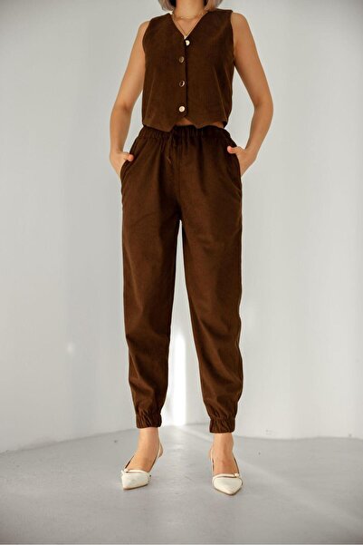 EsSo butik Women's Corduroy Pocketed Elastic Waist Jogger Pants