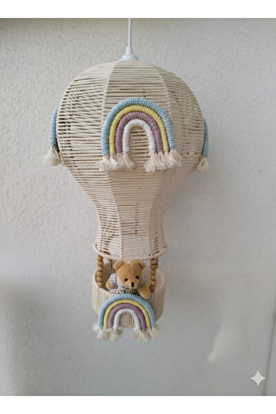DudeHome Balon avize, çocuk odası avize, bebek odası avize, makrome avize, gökkuşağı detaylı avize